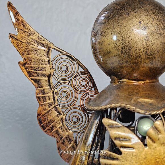 Vtg Metal Filigree Angel Garden Statue 15" Bronze Color Green Glass Taper Decor - Picture 9 of 12